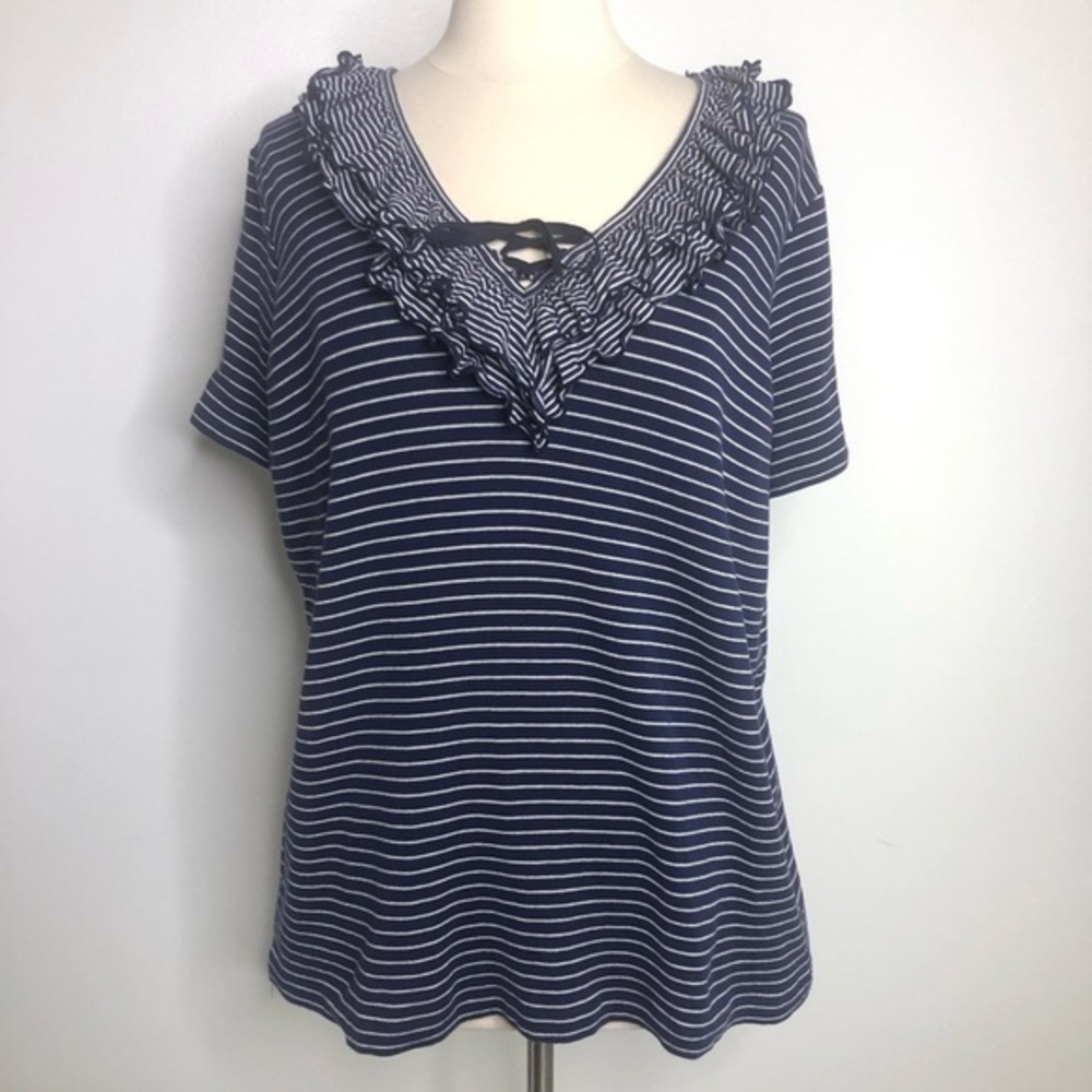 Lauren Ralph Lauren Navy and White Striped Short Sleeve Tee with Ruffled V-Neck